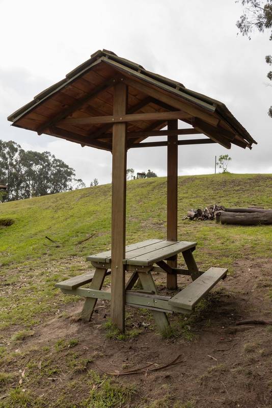 ustic furniture in the middle of nature, resting place and barbecue area