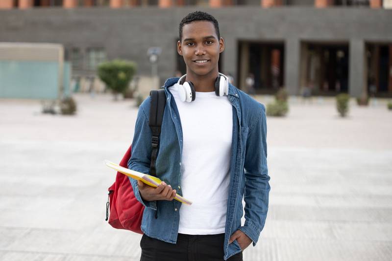 Handsome student wearing a backpack and holding a notebook looking at camera.Relaxed and happy man standing outside with headphones ready for college.