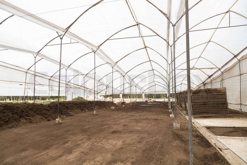 metallic infrastructure of a greenhouse, land ready to cultivate, empty space