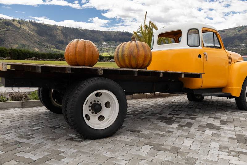 retro flatbed truck parked on a paved courtyard with pumpkins, framed