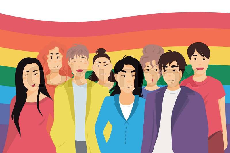 Group of young people with LGBT pride flag behind them. Chee | Colourbox