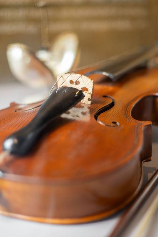 Classic brown violin on a wooden surface illuminated by natural light, music