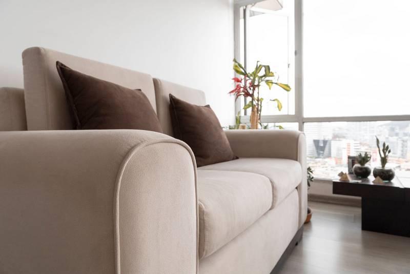 comfortable modern white sofa with cushions, plant and decorative objects in a living room