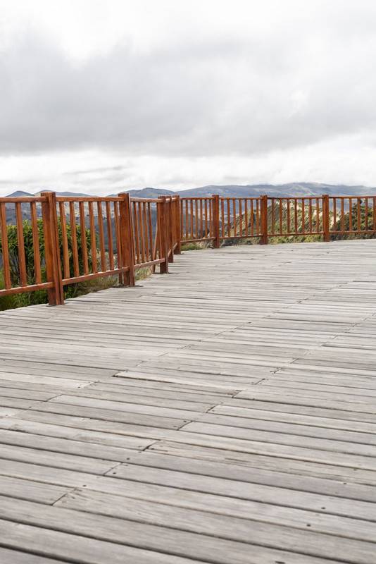 wooden bridge stretches across a serene natural landscape