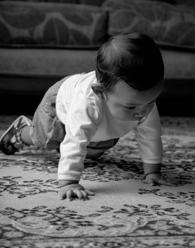 latin toddler, crawling on textured rug