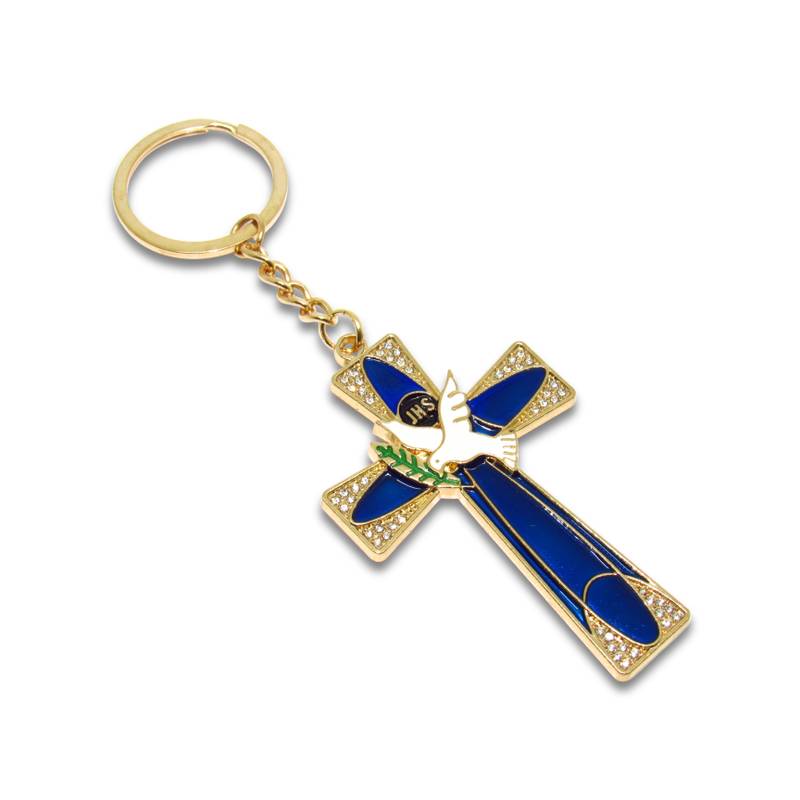 An Elegant Blue Cross Keychain featuring a Beautiful Dove Design, perfect for any occasion