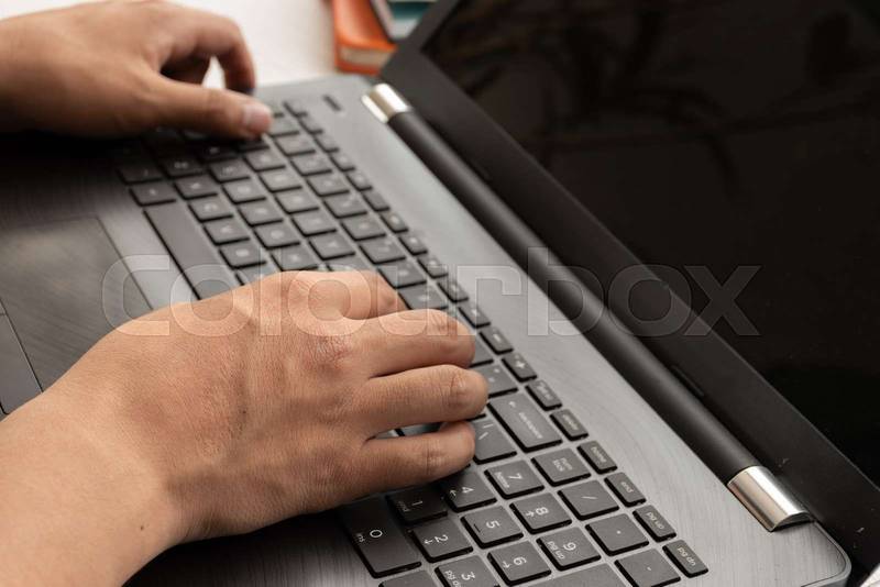 modern laptop being used for writing by some hands, technology and work